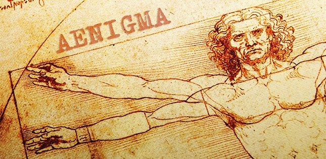 Aenigma key art: Vitruvian sketch