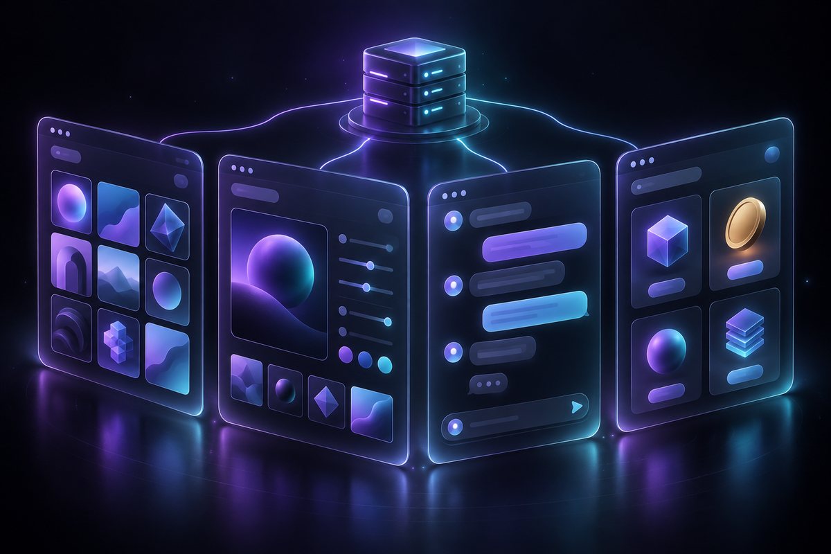 Illustration: four interface panels connected to a server